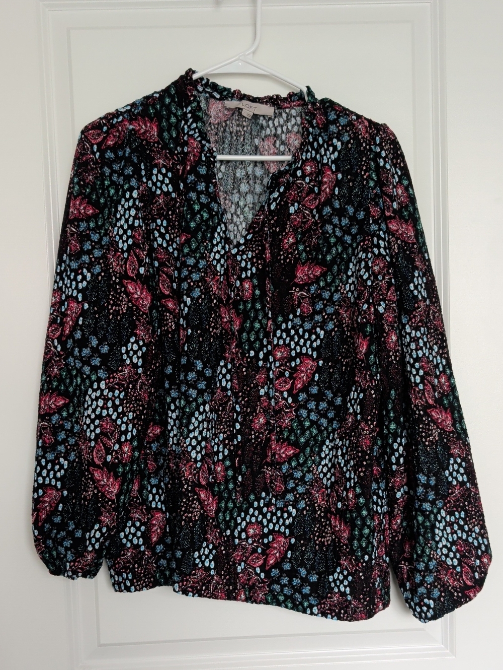 LOFT Black Floral V-Neck Puff Sleeve Blouse with Pink & Blue Accents